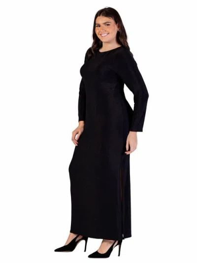 24seven Comfort Apparel Fitted Long Sleeve Shimmery Fabric Side Slit Maxi Dress In Black