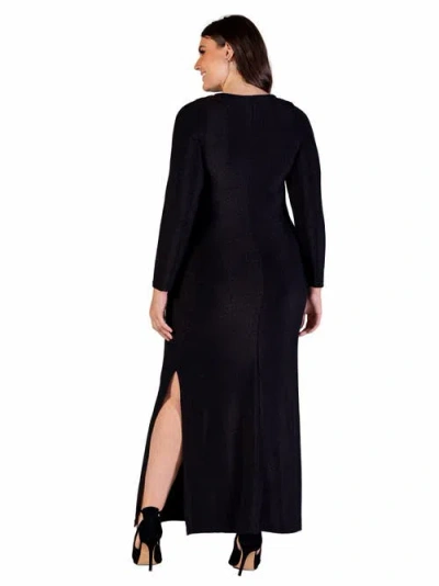 24seven Comfort Apparel Fitted Long Sleeve Shimmery Fabric Side Slit Maxi Dress In Black