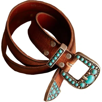 Fortela Thelma Leather Belt With Turquoise Studs In Brown