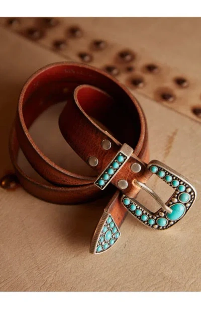 Fortela Thelma Leather Belt With Turquoise Studs In Brown