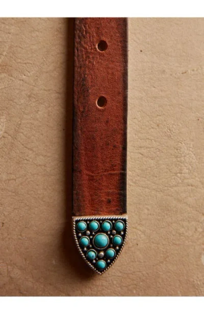 Fortela Thelma Leather Belt With Turquoise Studs In Brown