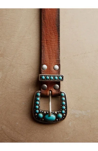 Fortela Thelma Leather Belt With Turquoise Studs In Brown