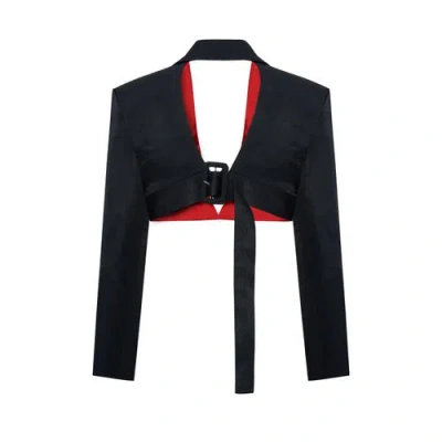 Pcfg Linen Blend Crop Shiny Woven Jacket In Black