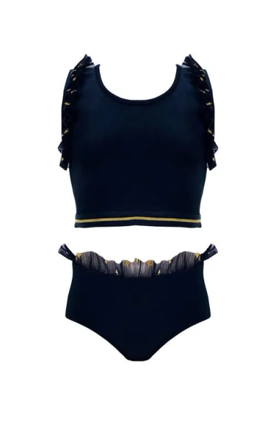 Nessi Byrd Gold Star Tulle-trim Two Piece Bikini, Toddler In Black