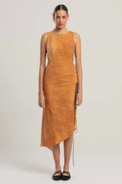 Pcfg Cotton Long Dress With Slit Detail In Brown