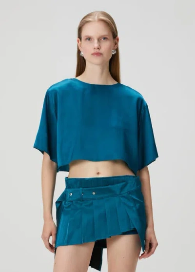 Pcfg Pure Silk Oversized Silk Crop Top In Blue