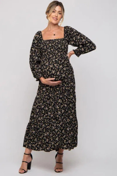 Pinkblush Floral Smocked Long Sleeve Maxi Dress In Black