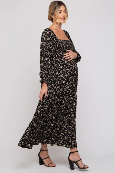 Pinkblush Floral Smocked Long Sleeve Maxi Dress In Black