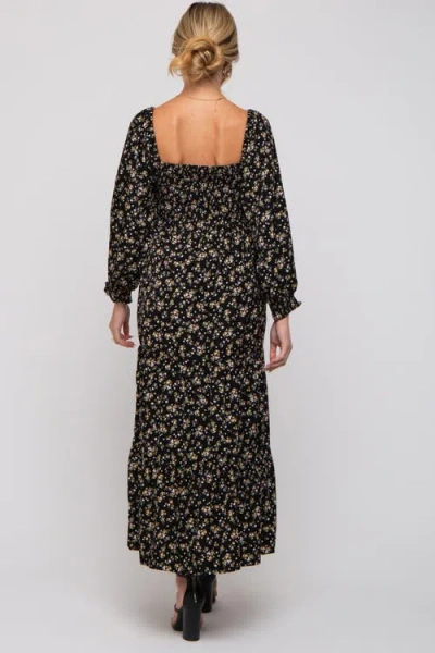 Pinkblush Floral Smocked Long Sleeve Maxi Dress In Black