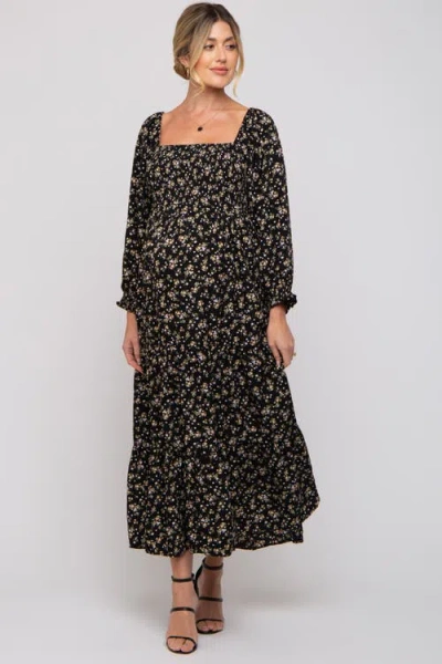 Pinkblush Floral Smocked Long Sleeve Maxi Dress In Black