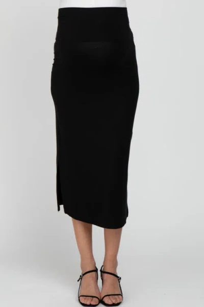 Pinkblush Solid Side Slit Maternity Midi Skirt In Black