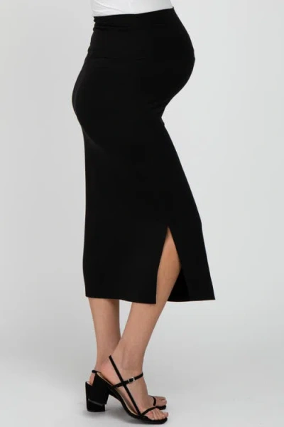 Pinkblush Solid Side Slit Maternity Midi Skirt In Black