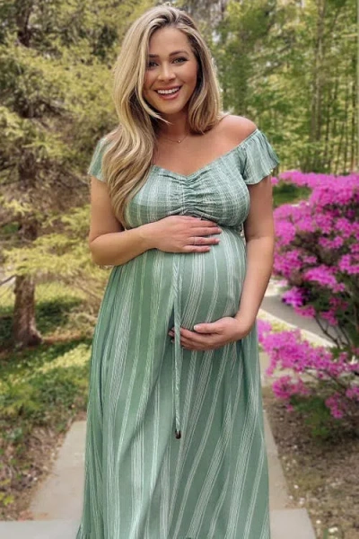 Pinkblush Striped Off Shoulder Front Tie Maxi Dress In Green