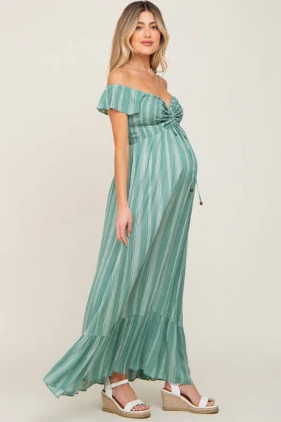Pinkblush Striped Off Shoulder Front Tie Maxi Dress In Green