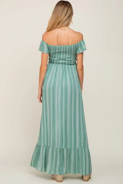 Pinkblush Striped Off Shoulder Front Tie Maxi Dress In Green