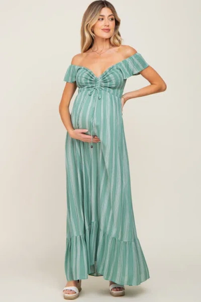 Pinkblush Striped Off Shoulder Front Tie Maxi Dress In Green