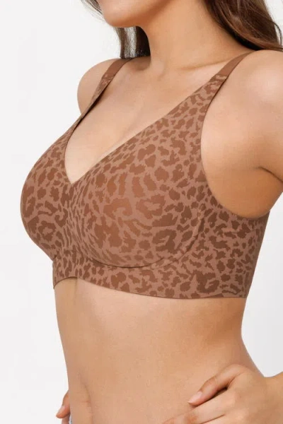 Popilush Seamless Wireless Jelly Leopard Contour Minimizer Support Bra In Brown