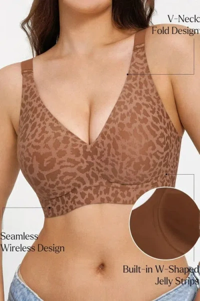 Popilush Seamless Wireless Jelly Leopard Contour Minimizer Support Bra In Brown