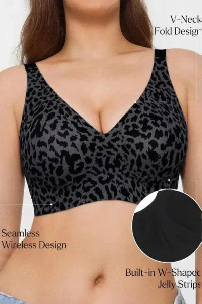 Popilush Seamless Wireless Jelly Leopard Contour Minimizer Support Bra In Black
