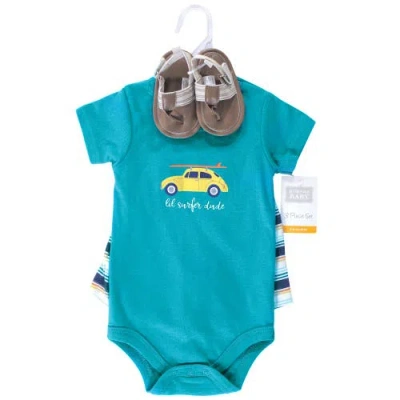 Hudson Baby Little Gent's Soft Cotton Bodysuit, Shorts & Footwear 3pk In Blue