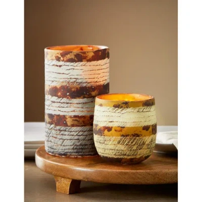 Tag Textured Cut Hurricane Blown Glass Pillar Candle Holder In Brown