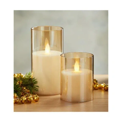 Tag Estella Amber Glass Hurricane With Flameless Candle Lantern In Brown
