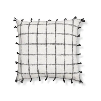 Tag Black Tassel Check Cotton Accent Throw Pillow Square In White