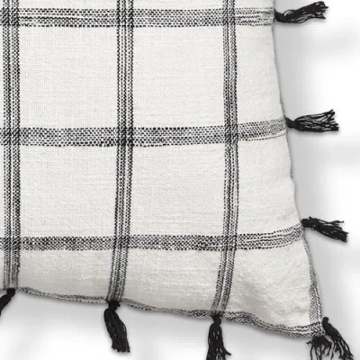 Tag Black Tassel Check Cotton Accent Throw Pillow Square In White
