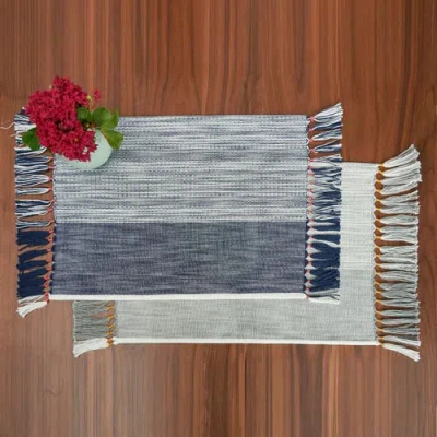 Carol & Frank Kerbey Boulder Tasseled Placemats Set Of 4 For Dining, 13" X 19" In Blue