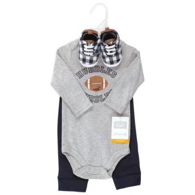 Hudson Baby Three-piece Long-sleeve Bodysuit Outfit With Pants And Footwear In Gray