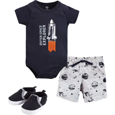 Hudson Baby Little Gent's Soft Cotton Bodysuit, Shorts & Footwear 3pk In Gray