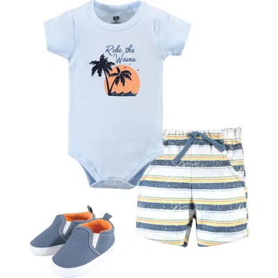 Hudson Baby Cotton Bodysuit, Shorts And Shoe Set In Blue