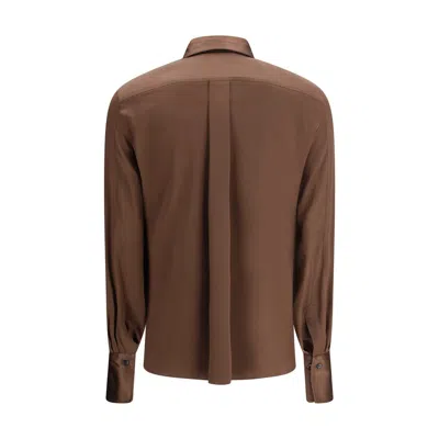 Brunello Cucinelli Silk Satin Stretch Blouse With Bib In Brown