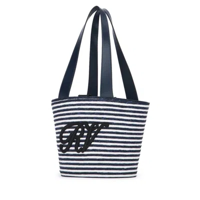 Roger Vivier Small Striped Tote Bag With Dual Handles In Blue