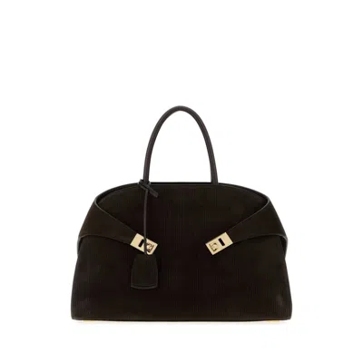 Ferragamo Dark Brown Suede Medium Hug Handbag In Black