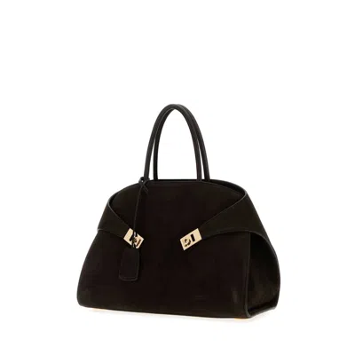 Ferragamo Dark Brown Suede Medium Hug Handbag In Black