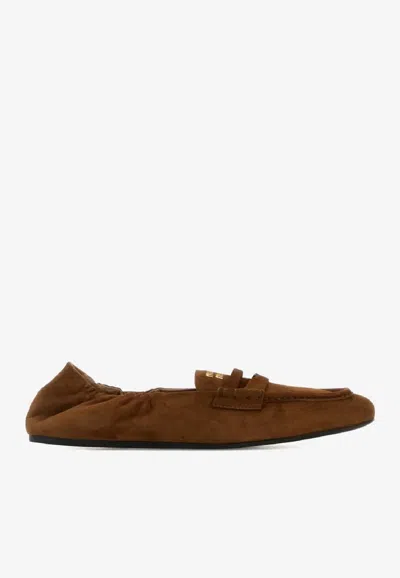 Miu Miu Logo Lettering Suede Loafers In Brown