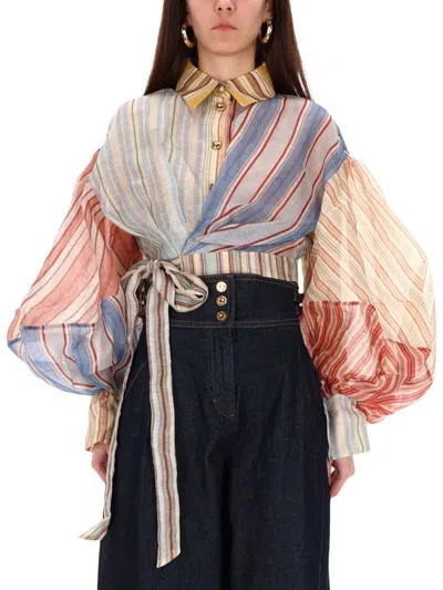 Zimmermann Striped Top With Balloon Sleeves And Tie Waist In Multi