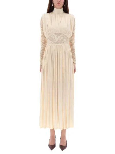 Zimmermann Ruched Stretch-jersey And Lace Maxi Dress In Neutral