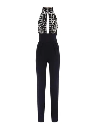 Elisabetta Franchi Black Jumpsuit With Embroidered Bodice And Halterneck In Tech Fabric Stretch Woman In Black