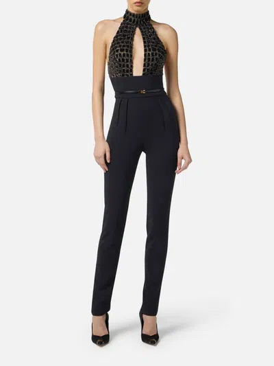 Elisabetta Franchi Black Jumpsuit With Embroidered Bodice And Halterneck In Tech Fabric Stretch Woman In Black