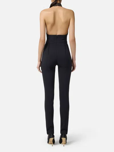 Elisabetta Franchi Black Jumpsuit With Embroidered Bodice And Halterneck In Tech Fabric Stretch Woman In Black