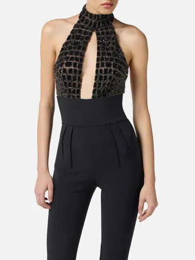 Elisabetta Franchi Black Jumpsuit With Embroidered Bodice And Halterneck In Tech Fabric Stretch Woman In Black