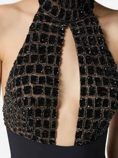 Elisabetta Franchi Black Jumpsuit With Embroidered Bodice And Halterneck In Tech Fabric Stretch Woman In Black