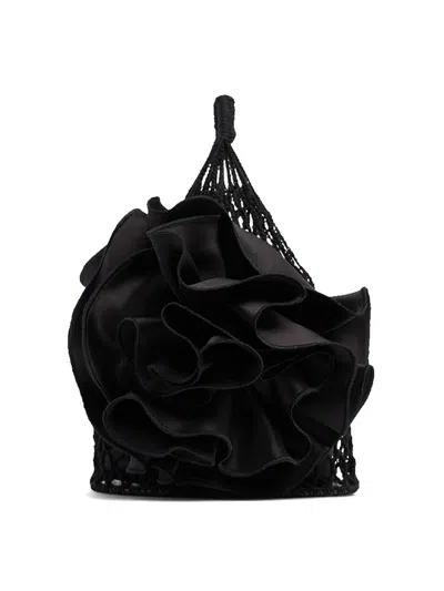 Magda Butrym Handbag With Silk Flower Accents And Textured Netting Design In Black