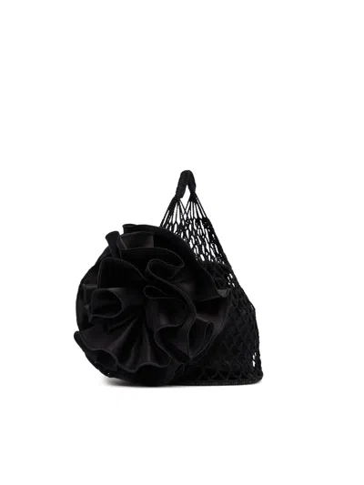 Magda Butrym Handbag With Silk Flower Accents And Textured Netting Design In Black