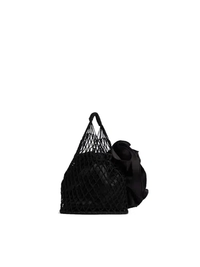 Magda Butrym Handbag With Silk Flower Accents And Textured Netting Design In Black