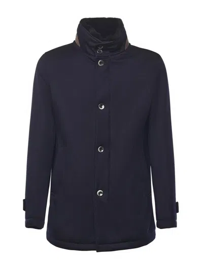 Herno Structured Blue Virgin Wool Coat With Plush Fur Collar In Blue