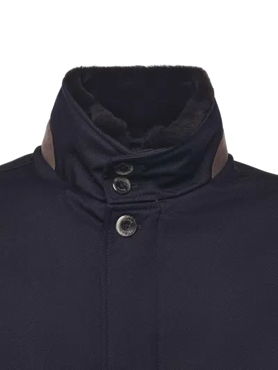 Herno Structured Blue Virgin Wool Coat With Plush Fur Collar In Blue