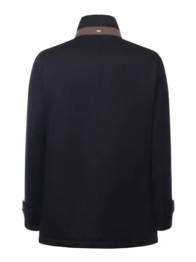 Herno Structured Blue Virgin Wool Coat With Plush Fur Collar In Blue